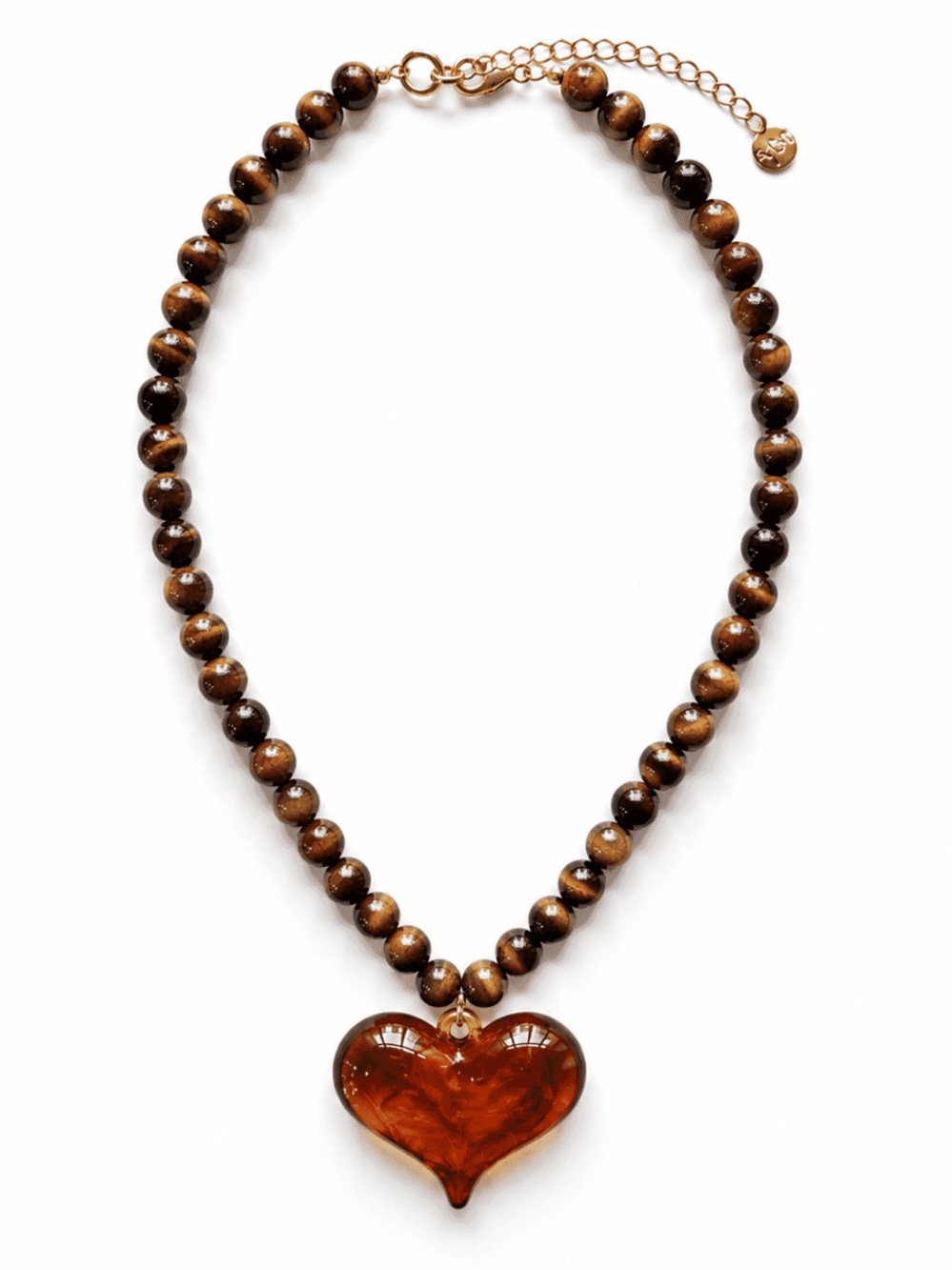 New mayamar genuine tigers eye beaded necklace with resin amber heart